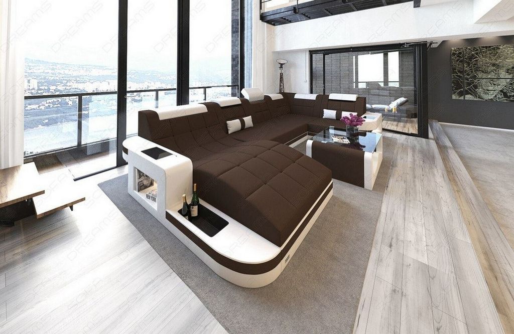 Sofa Wohnlandschaft Wave Mini U Form mit Licht USB Webstoff Strukturstoff