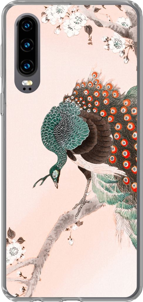 MuchoWow Handyhülle Schutzhülle Hülle für Telefoonhoesje Huawei P30 Blüte - Pfau - Federn - Japandi Silikon Softcase Handy Hülle - Kartenbe...