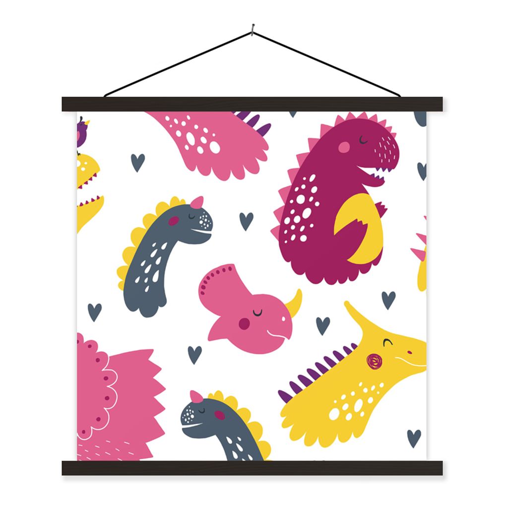 MuchoWow Textilposter Dino - Muster - Kind - Rosa - Mädchen 120x120 cm mit schwarzem Rahmen - Aufhängungsset