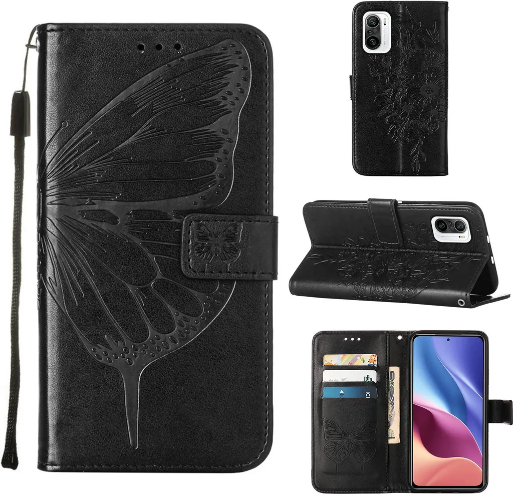 Custodia in Pelle Nero Farfalla per Xiaomi 11i e Poco F3 Flip
