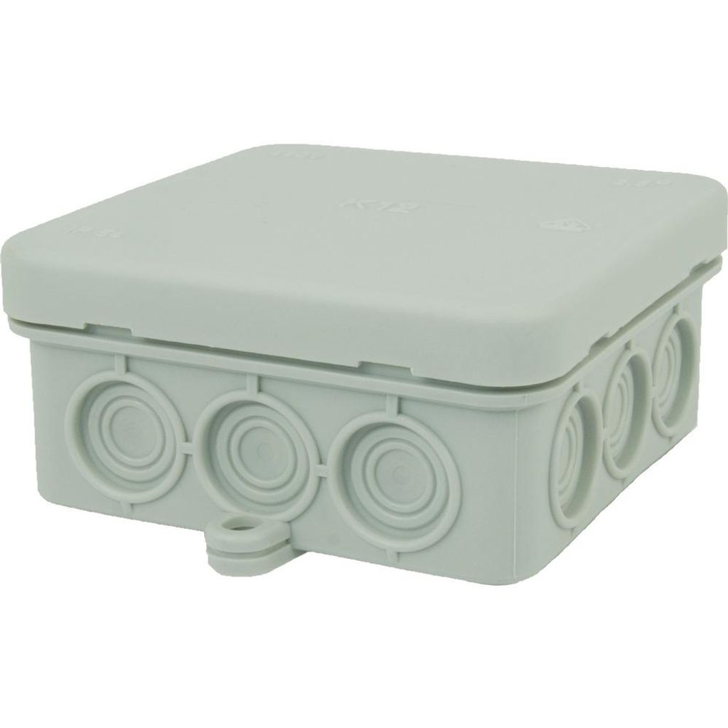 A light gray junction box with multiple circular entry points on its sides, presented against a white background.