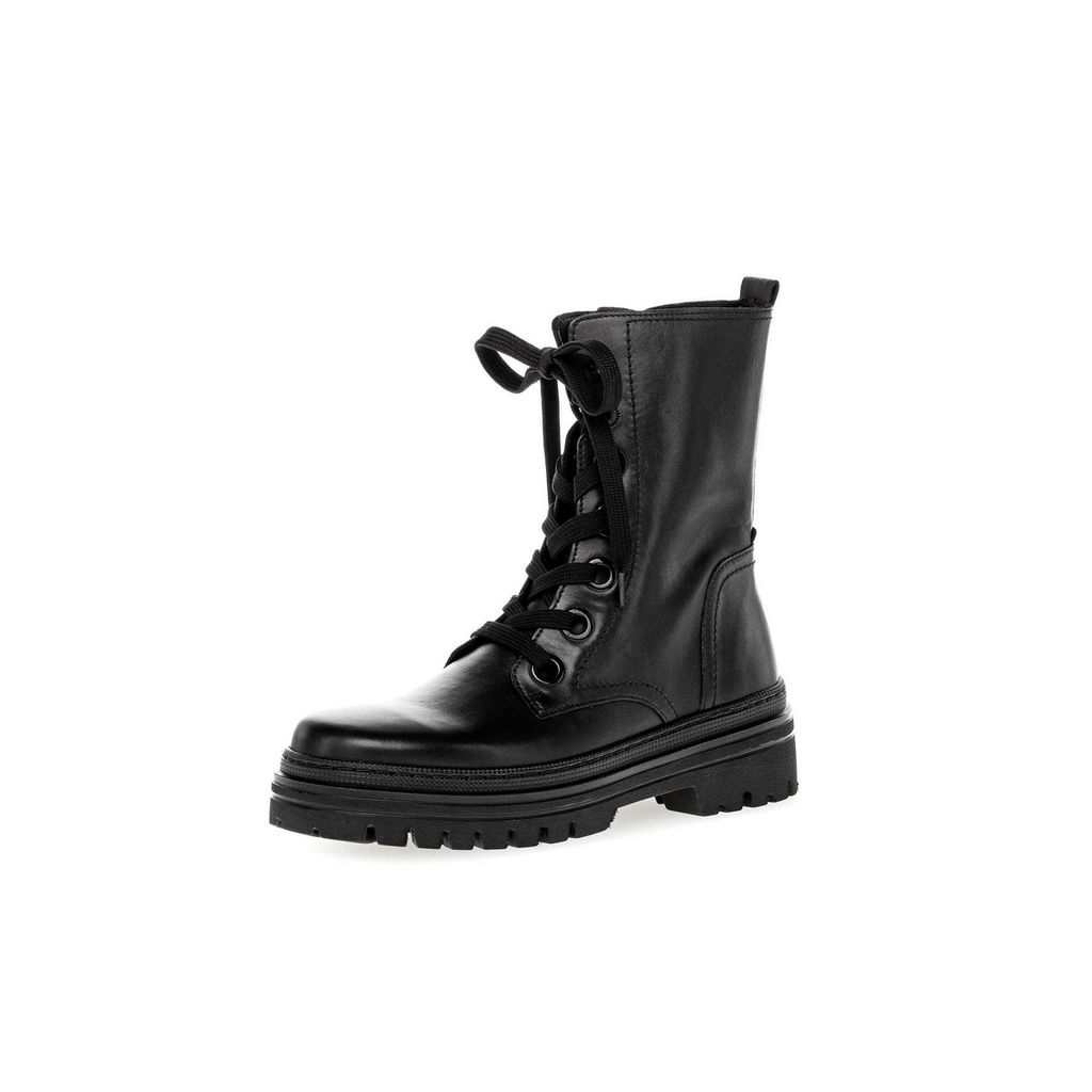 A single black lace-up boot is shown against a white background.