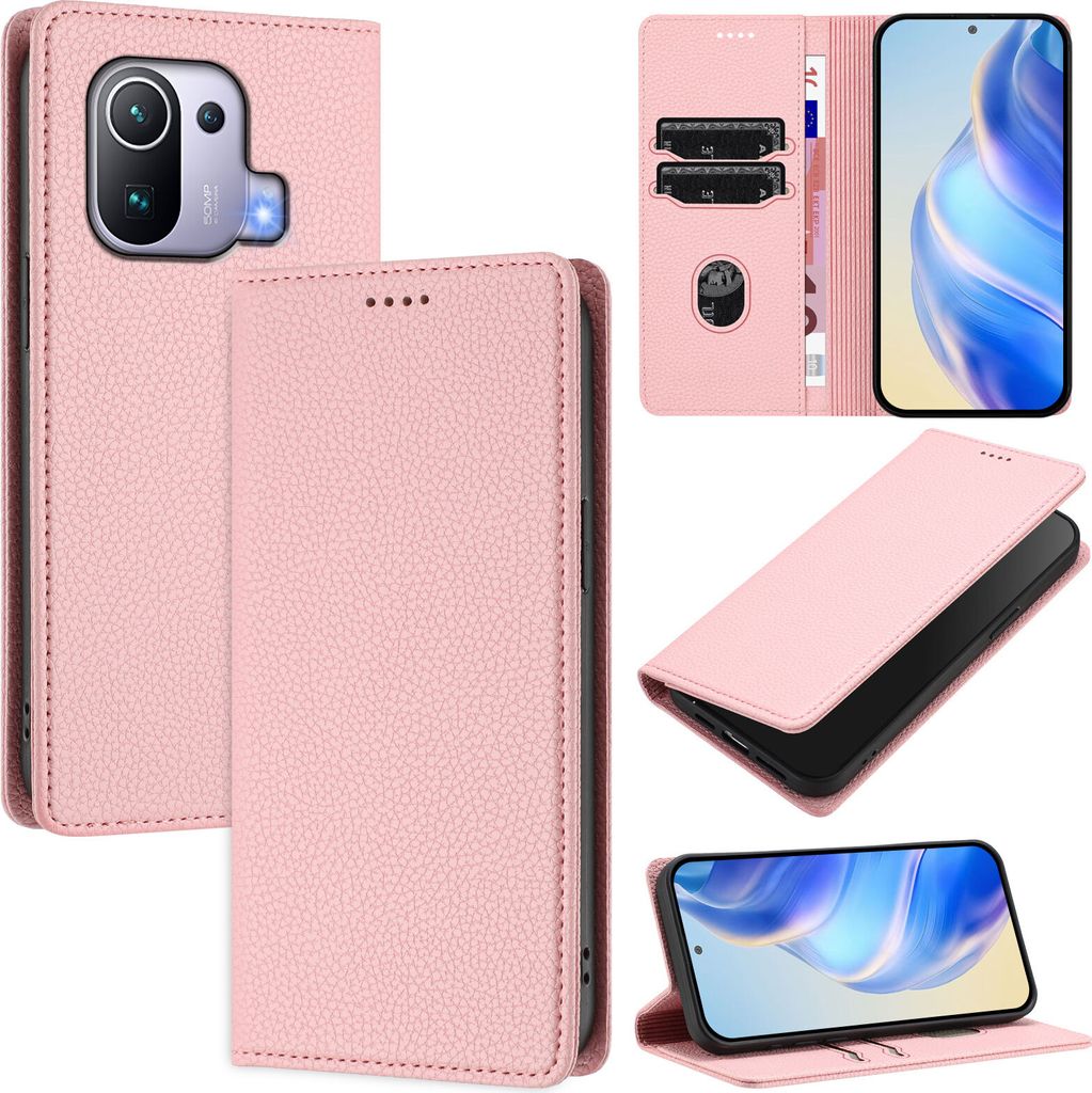 Litchi Leder Handyhülle für Xiaomi 11 Pro Wallet Kartenfächer Standfunktion Hülle Pink