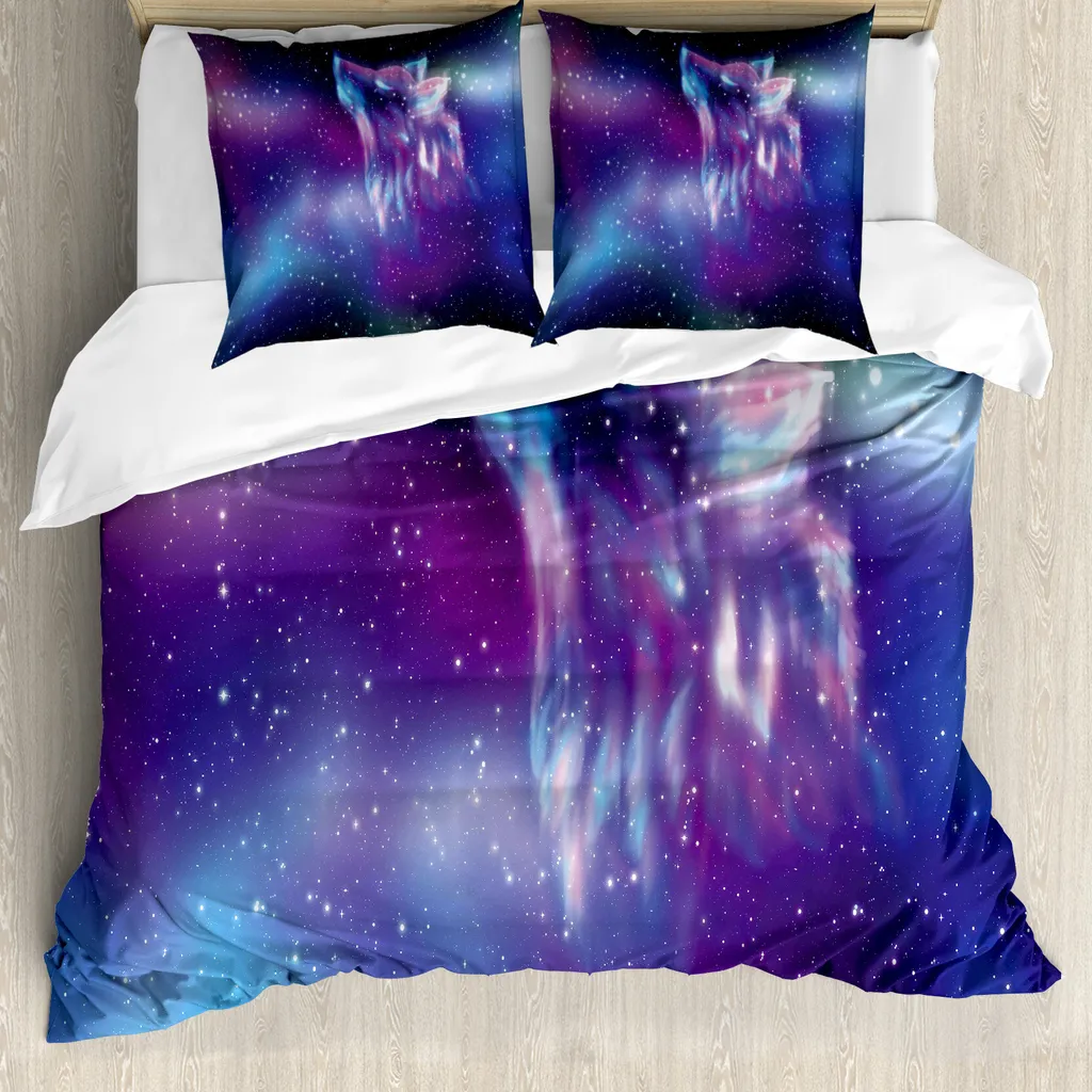 ABAKUHAUS Copripiumino fantasia, Northern Aurora Borealis, antiacaro, adatto a chi soffre di allergie, con federe, 200 cm x 200 cm - 80 x 80 cm, blu lilla