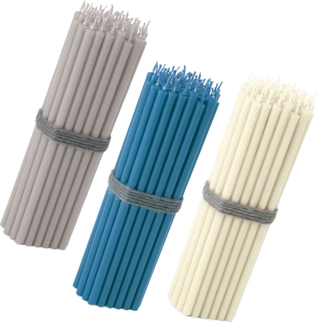 150x Stabkerzen Set 16cm – Hellgrau Blau Weiß – tropffrei & skandinavisch edel