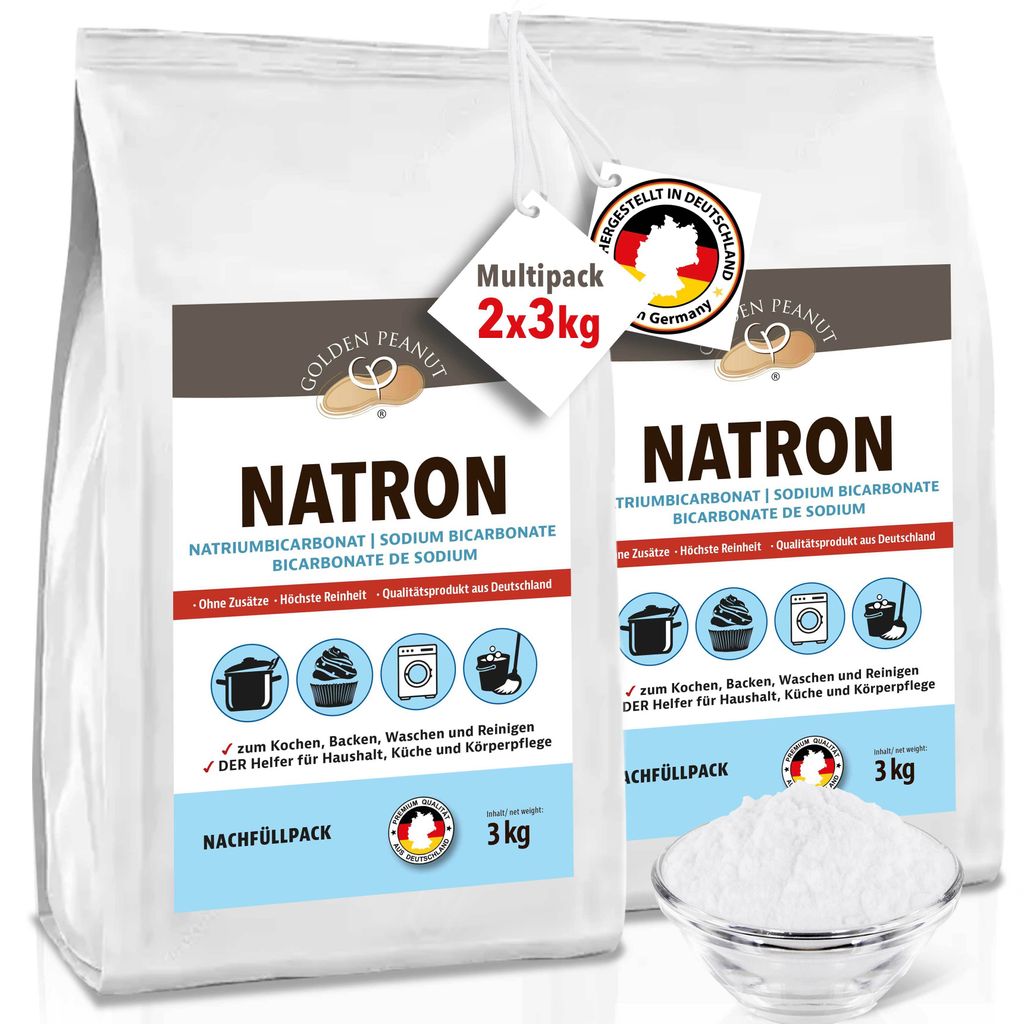 GOLDEN PEANUT Natron Pulver 2x3 kg - Natriumhydrogencarbonat, Backsoda, Backpulver, Wasch-Soda, Lebensmittelqualität aus Deutschland, Nachfüllpack