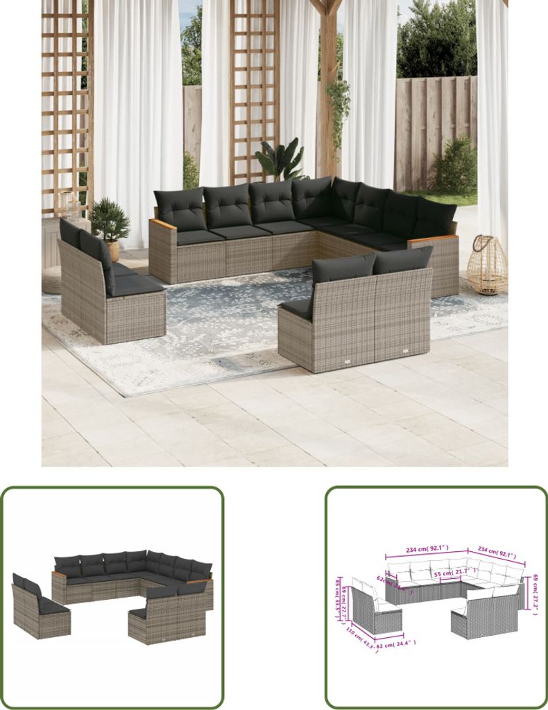 The Living Store 11-tlg. Garten-Sofagarnitur mit Kissen Grau Poly Rattan