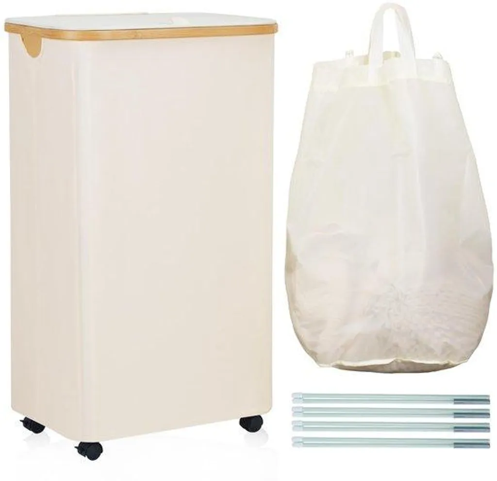 Panier à linge à roulettes 105 litres beige avec sac intérieur lavable 70cm