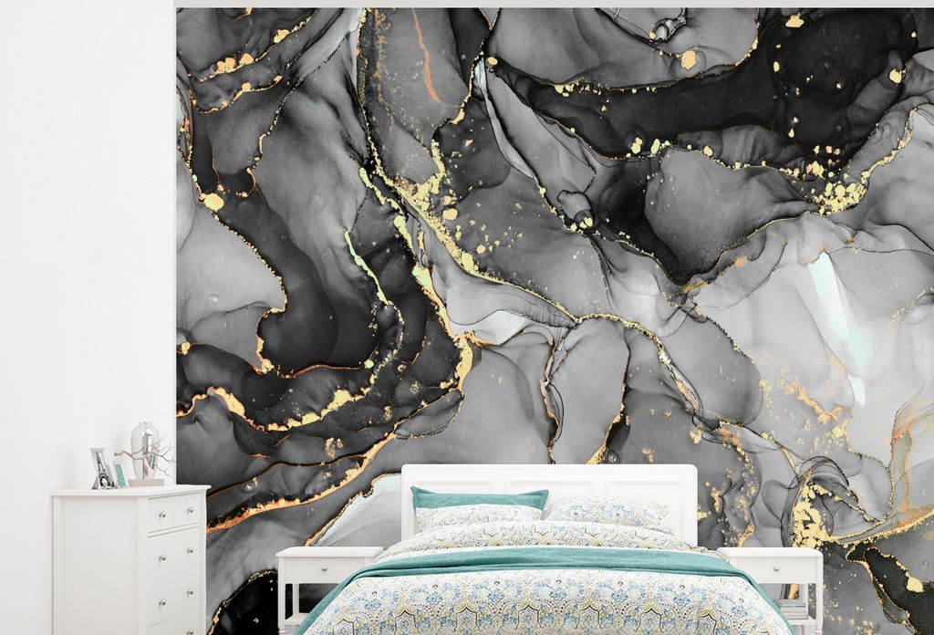 MuchoWow Fototapete für Wohnzimmer oder Schlafzimmer Wandtapete Vinyl Motivtapete Marmor - Schwarz - Gold - Grau - 275x220 cm - Gemustert