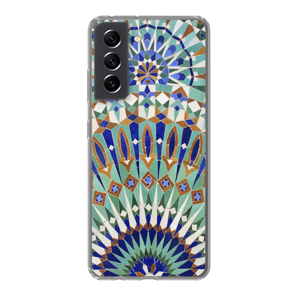 MuchoWow Handyhülle Schutzhülle Hülle für Samsung Galaxy S21 FE Eine marokkanische Mosaikwand mit verschiedenen Formen Silikon Softcase Handy...