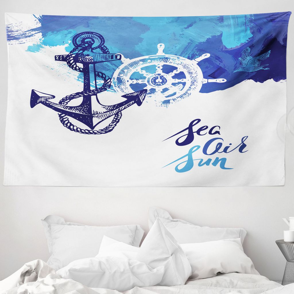 ABAKUHAUS Anker Wandteppich, Nautical Rad Ozean aus Weiches Mikrofaser Stoff Waschbar ohne Verblassen Digitaldruck, 230 x 140 cm, Blau und weiß