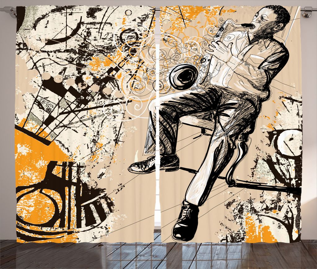 ABAKUHAUS Jazz Rustikaler Vorhang, Saxophon-Musik Rythim, Wohnzimmer Universalband Gardinen mit Schlaufen und Haken, 280 x 245 cm, Marigold Tan Sch...