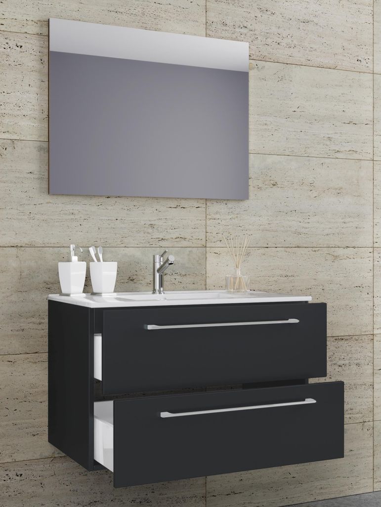 VCM 3-tlg. Waschplatz Waschtisch | Waschbecken Unterschrank Breite 80 cm | Badmöbel Set hängend mit einer Schublade Spiegel | Badinos