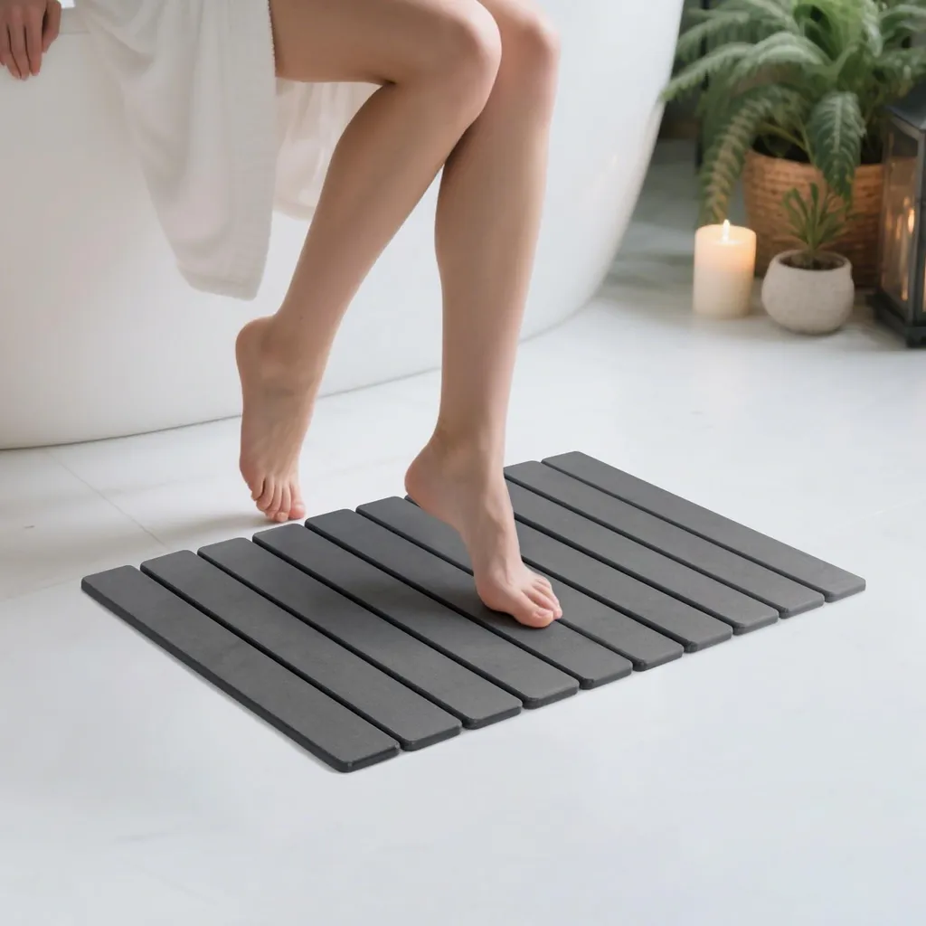 Tapis de bain antidérapant gris foncé en pierre avec séchage instantané