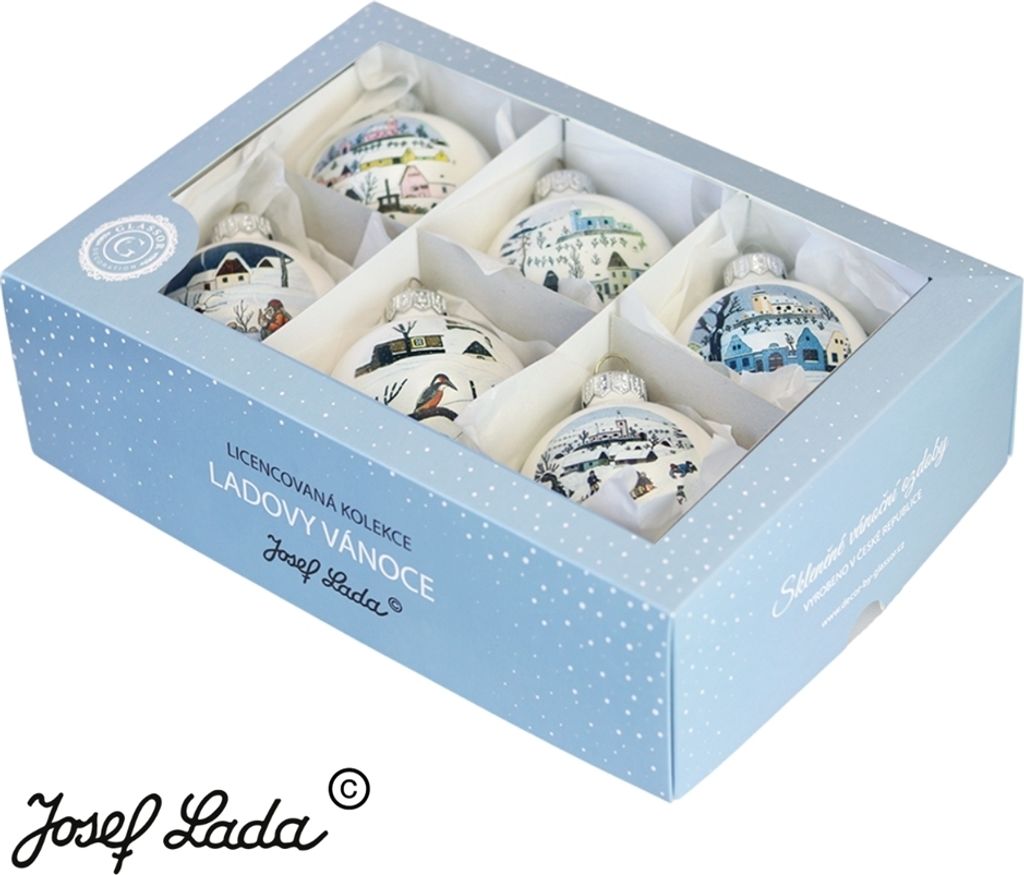 A set of six Christmas ornaments in a light blue box with a snowflake pattern.