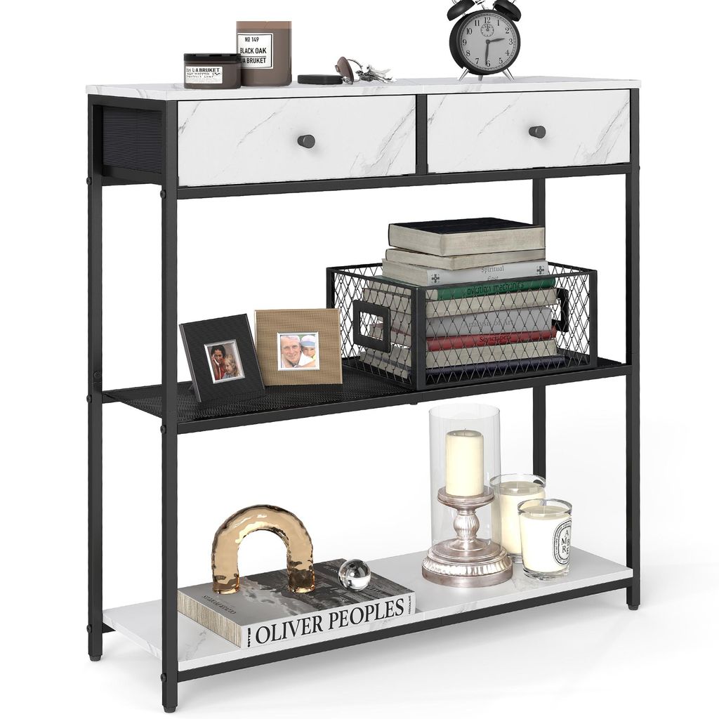 VASAGLE Konsolentisch schmal, Beistelltisch mit 2 Stoffschubladen, Flurtisch, 24 x 76 x 80 cm, für Flur, Wohnzimmer, marmorweiß-tintenschwarz