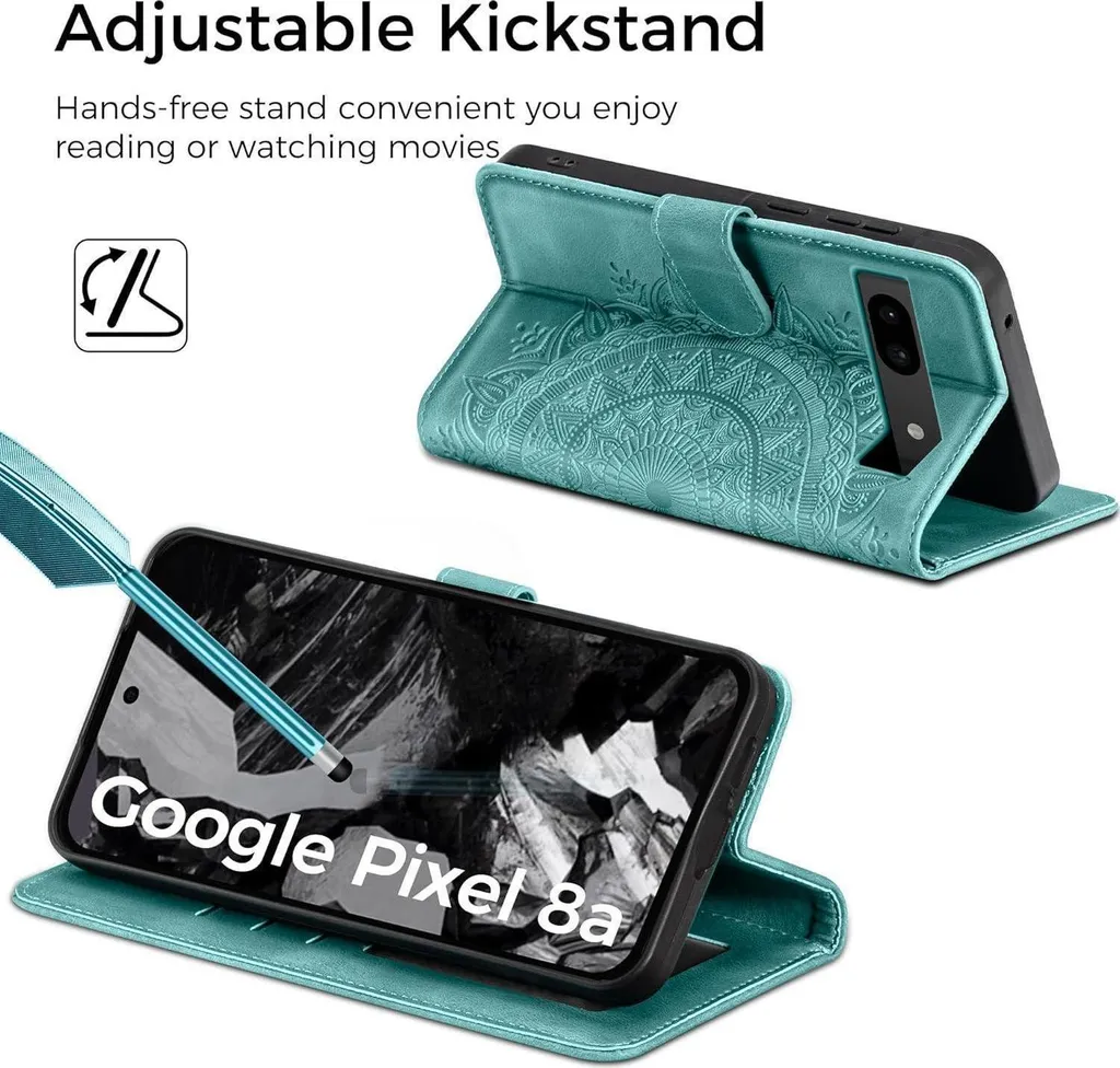 Housse Google Pixel 8A verte en cuir gaufré avec rangement de cartes