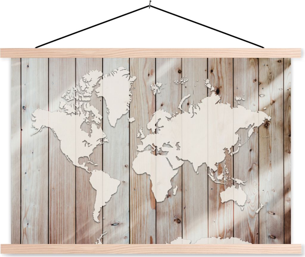 MuchoWow Textilposter Weltkarte - Holz - Einfach 60x40 cm mit holzfarbenen Rahmen - Bilder