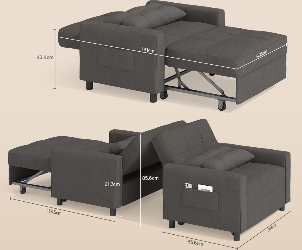 Bealife Einzelschlafsofa, 3-in-1-Sessel mit verstellbarer Produktbild 2