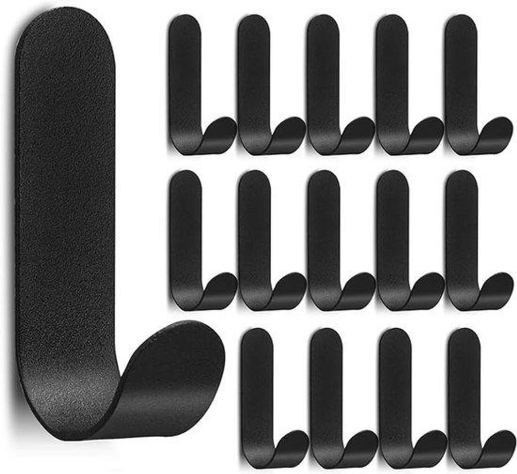 15 Stahl-Haken, schwarz, Wandhaken, kein Bohren notwendig, Küchenhaken, Handtuchhaken, für Badezimmer, Küche und Kleiderschrank.