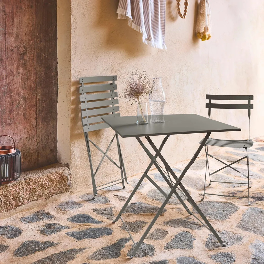 Set tavolo da giardino bistrot pieghevole in metallo con 2 sedie, Verde kaki - 4