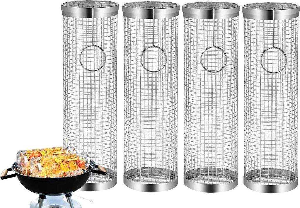 4er Set Zylindrischer Grillkorb Rund aus Edelstahl mit 1x Haken | Rollendes Grillkorb für Gasgrill, Elektro- und Holzkohle-Grill | 30 x 9 cm Grill...