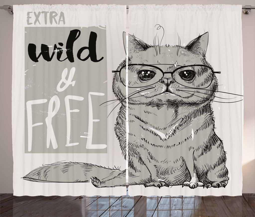ABAKUHAUS Modern Rustikaler Vorhang, Hipster Katze Humorvoll, Wohnzimmer Universalband Gardinen mit Schlaufen und Haken, 280 x 225 cm, Hellgrau Sand