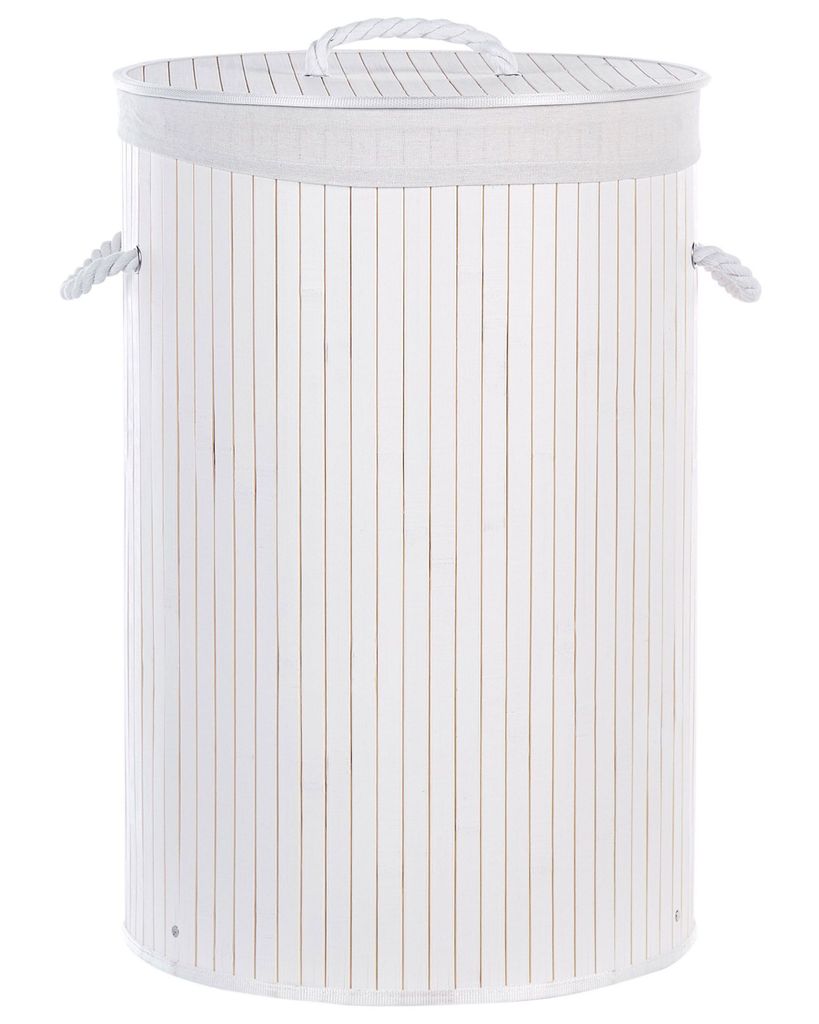 BELIANI Wäschekorb Weiß Bambusholz Rund 40 cm Handgemacht mit Deckel Herausnehmbarem Sack 60 cm Hoch Accessoires Deko für Bad Schlafzimmer