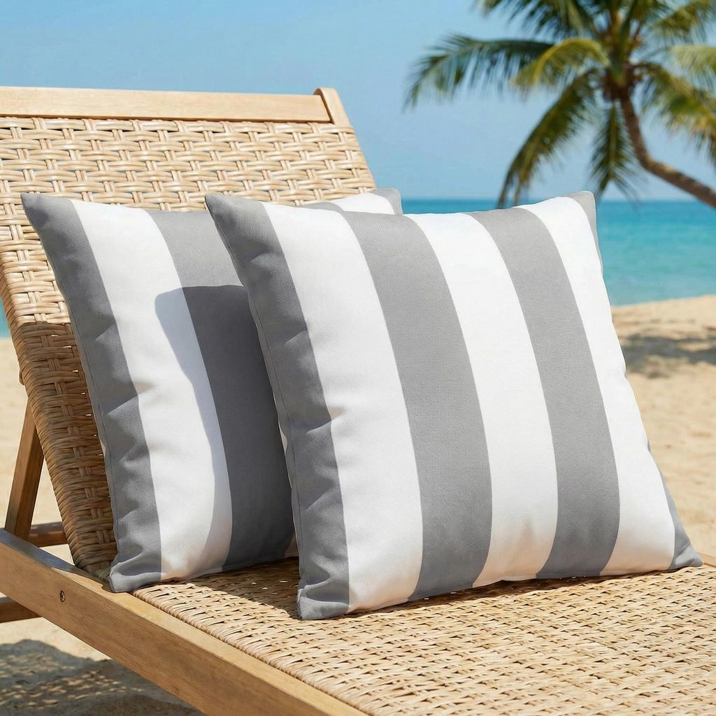 2er-Set Outdoor-Kissenbezüge, 45 x 45 cm, grau gestreift, wasserdicht, dekorativ, modern, für Garten, Strand, Sommer, Sofa, Balkon, Camping