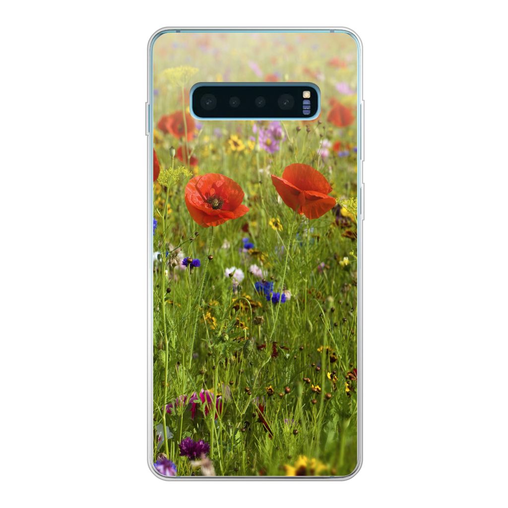 MuchoWow Handyhülle Schutzhülle Hülle für Samsung Galaxy S10 Plus Frühling - Blumen - Rot - Mohn - Gras - Grün Silikon Softcase Handy Hüll...
