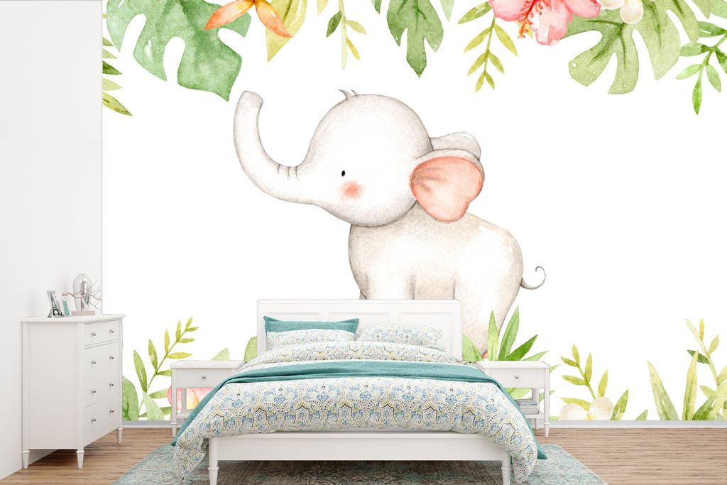 MuchoWow Fototapete für Wohnzimmer oder Schlafzimmer Wandtapete Vinyl Motivtapete Elefant - Dschungel - Aquarellfarbe - 360x240 cm - Vinyl-Tapete
