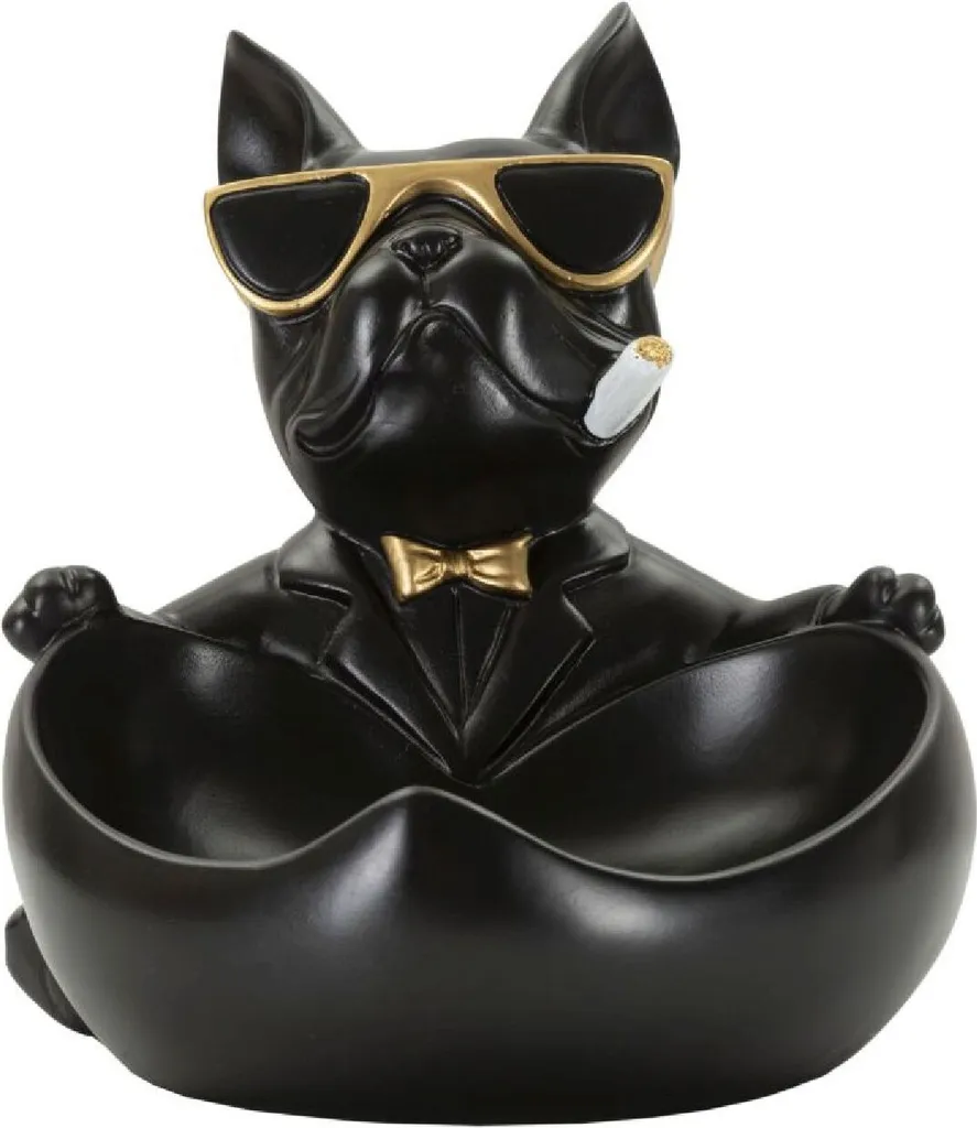Statue Chien Décorative avec Bol de Rangement en Résine Noir et Or