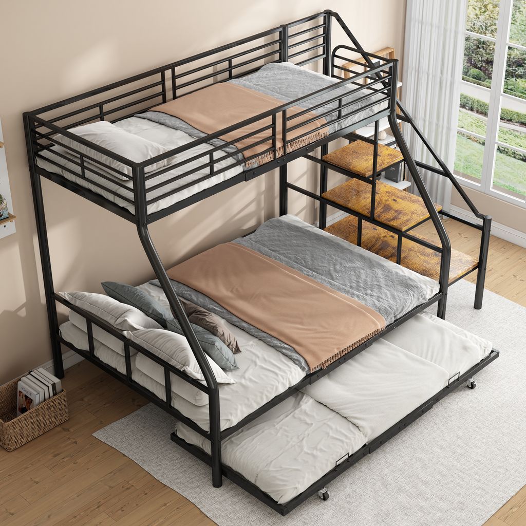 Etagenbett mit 2 Liegeflächen, Treppe, Regal, Schrank und Produktbild 