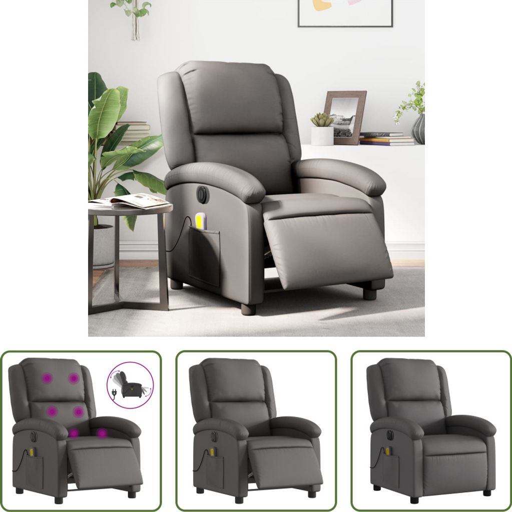 The Living Store Massagesessel Elektrisch Grau Echtleder