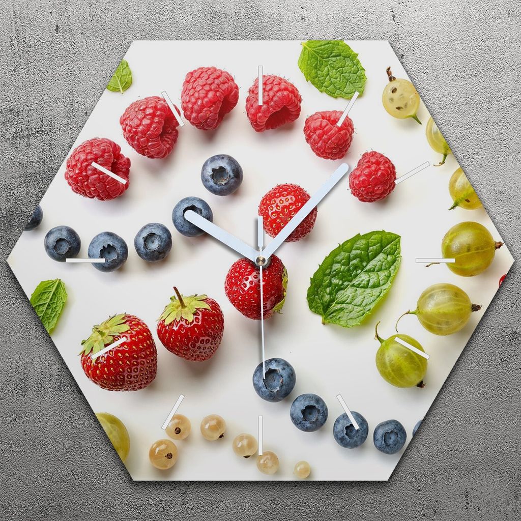 Uhr hexagonal 40 cm Glas Geräuschlos weiße Zeiger - Weiße Früchte