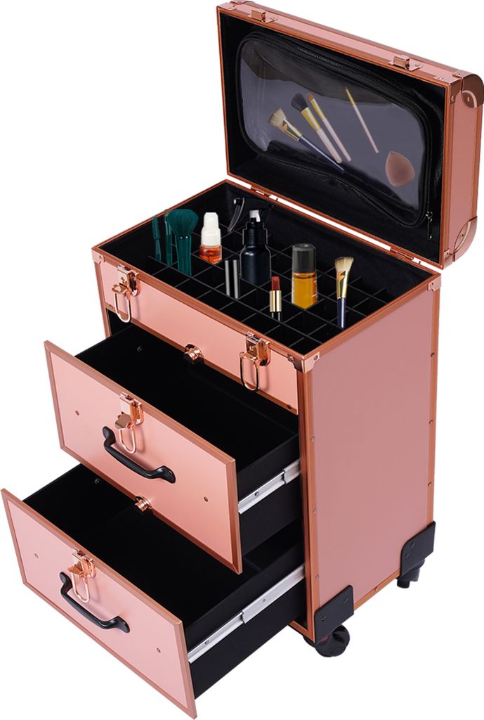 Schminkkoffer Walzen Make-up-Fall Kosmetikwagen mit Schlössern (Gold)