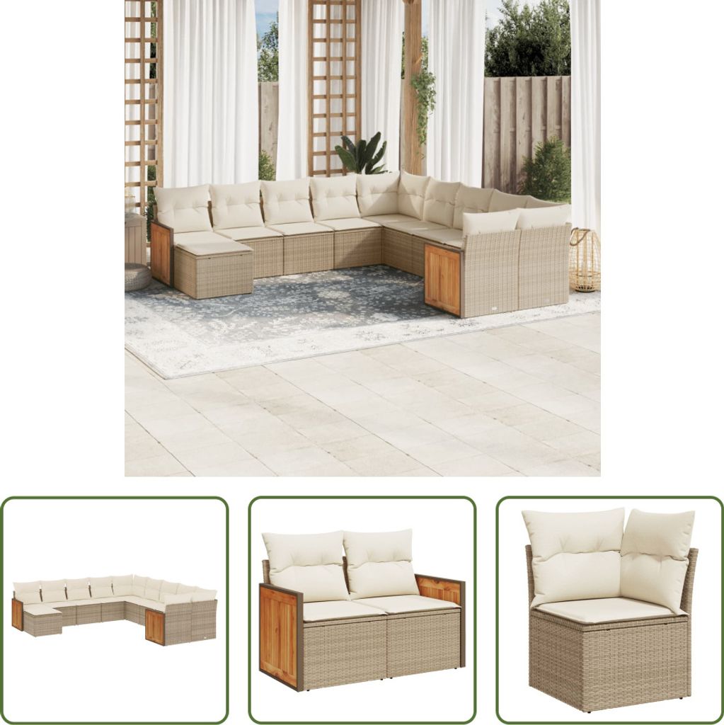 The Living Store 11-tlg. Garten-Sofagarnitur mit Kissen Beige Poly Rattan