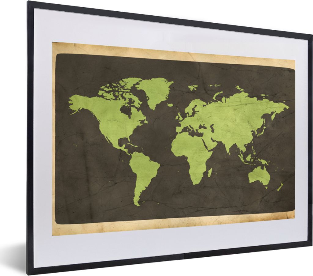 MuchoWow MuchoWow Gerahmtes Poster Weltkarte - Grün - Vintage 60x40 cm - Poster mit zchwarzem Bilderrahmen - Schlafzimmer - Plakat in Rahmen -...