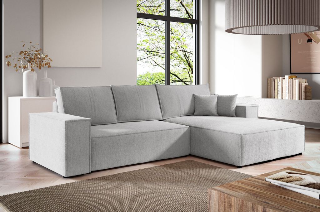 Ecksofa NEW ARAGON MAX von ANTONIO L-Form mit Schlaffunktion und Bettkästen, Schenkel Ottomane rechts oder links/ Webstoff in Hellgrau