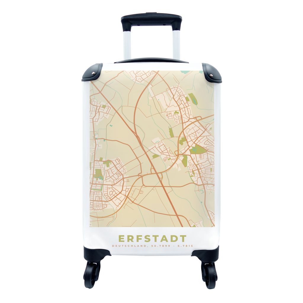 MuchoWow Koffer Handgepäck Trolley Rollkoffer Kleine Reisekoffer mit 4 Rollen - Erfstadt - Karte - Stadtplan - Vintage - Cabin Size < 55x40x23 c...