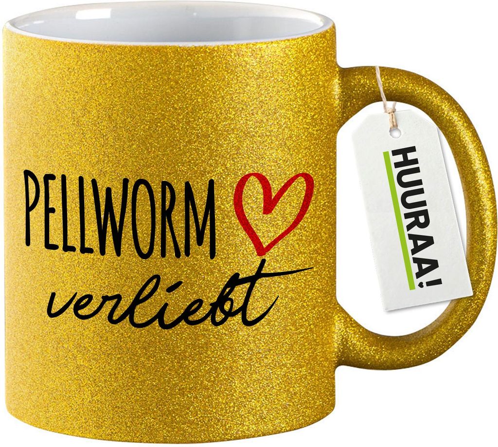 Huuraa Glitzertasse Pellworm verliebt 330ml Gold Keramik Kaffeebecher Geschenkidee