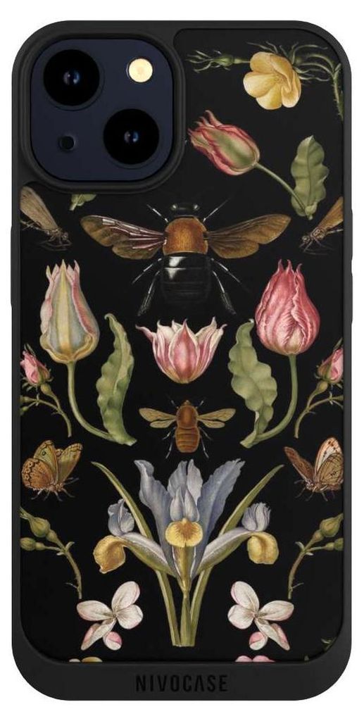 NIVOCASE Handyhülle für Apple iPhone 14 Hülle NIVOpure Case Schwarz Biene Blumenkranz Blüte