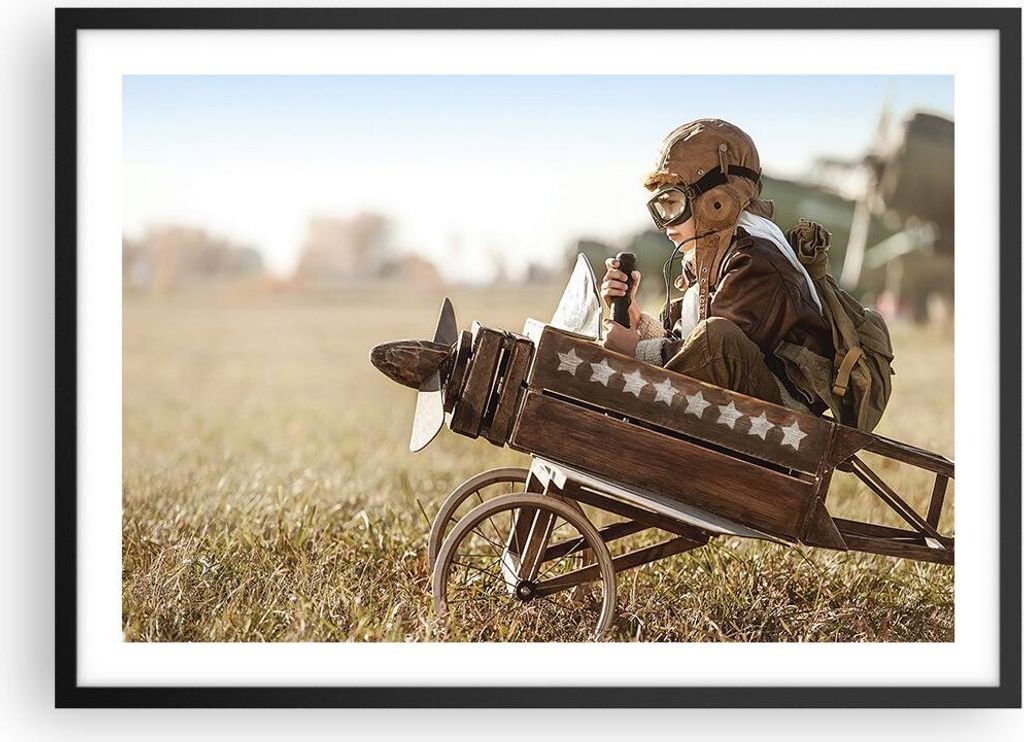 Gerahmtes Poster - Schwarzer Rahmen - Kindheit Flugzeug Spielzeug - 70x50 cm - Wand Bild - Wanddeko - Wandbilder - Kunstposter - Wandposter - Bilde...