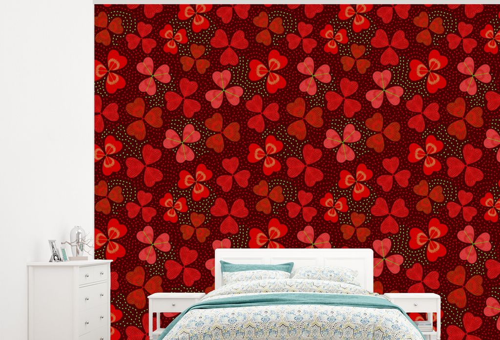 MuchoWow Fototapete für Wohnzimmer oder Schlafzimmer Wandtapete Vinyl Motivtapete Muster - Klee - Rot - 325x260 cm - Tapete