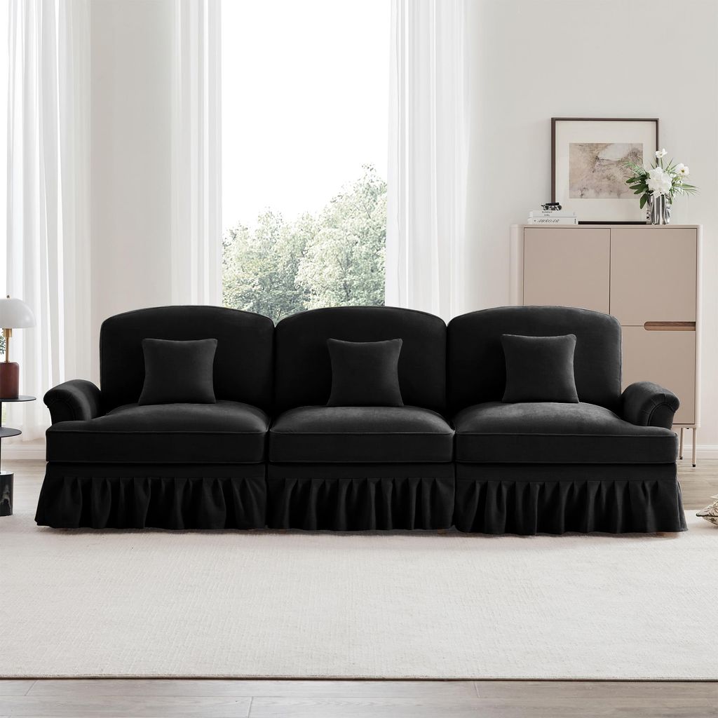 Sweiko Elegantes Mid-Century 3-Sitzer Sofa aus Chenille mit Trichter-Armlehnen, abnehmbarer Rüschenschürze & spindelförmigen Beinen – Komforta...