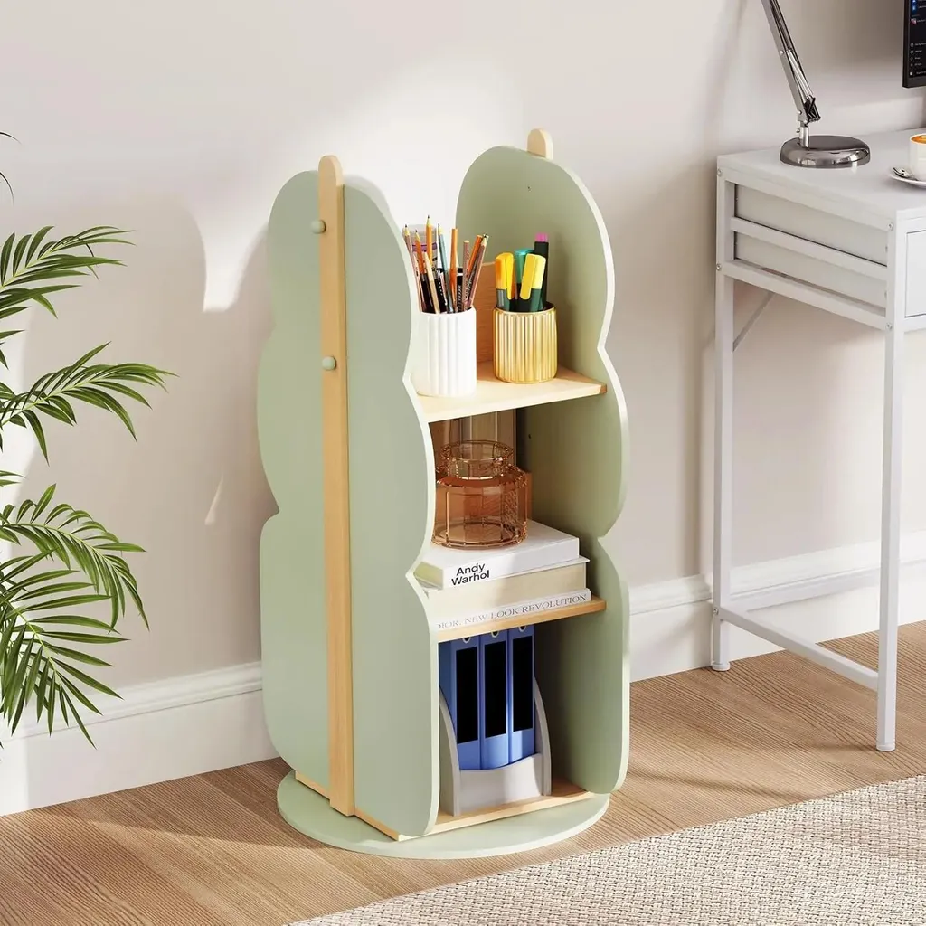 Bibliothèque enfant rotative en bois 3 niveaux verte 5 compartiments