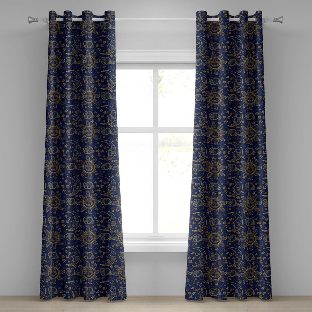 ABAKUHAUS Sonne Ösenvorhang, Doodle Style Star Motiv mit Streifen und geschwungenen Linien Vintage Hand Drawn Sky, Dekorative 2-Panel-Fenstervorh...