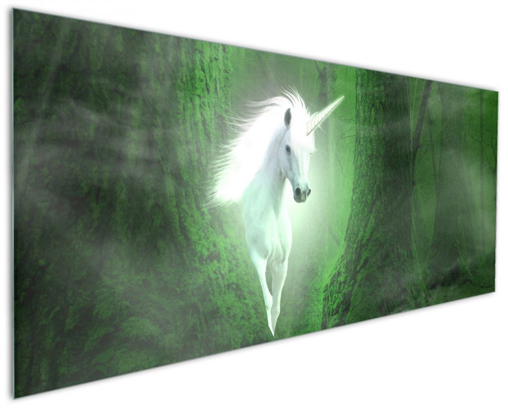 Wallario Küchenrückwand aus Glas, Größe: 125 x 50 cm, Motiv: Weißes Einhorn im grünen Wald | Spritzschutz | abwischbar | pflegeleicht | in