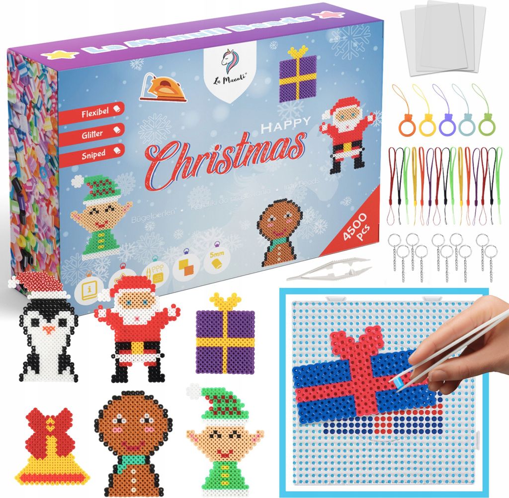 A collage of a Christmas-themed fuse bead kit, showing the box, individual bead creations, and a close-up of someone using tweezers to place beads on a pegboard.