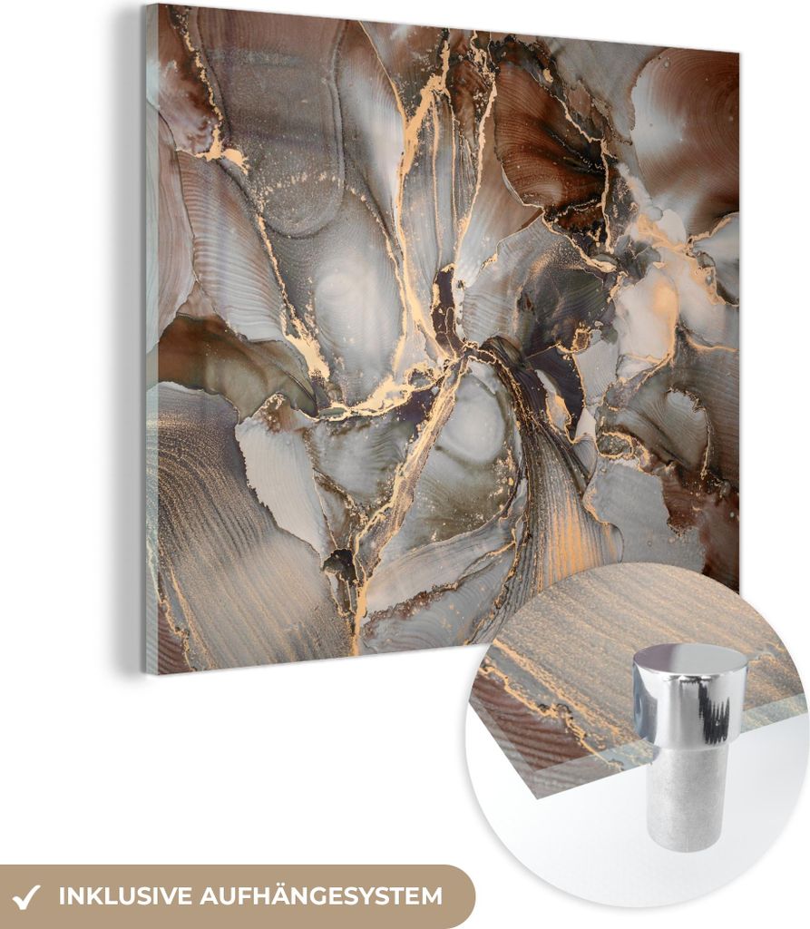 MuchoWow Glasbilder - Bilder auf Wandbild - Foto auf Glas Grau - Gold - Marmor - Marmoroptik 90x90 cm Wanddekoration aus Glas - Acrylglasbild - Acr...